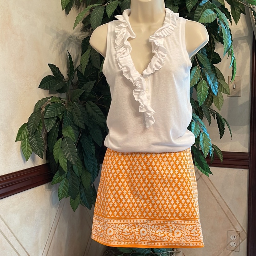 J CREW FACTORY ORANGE PRINT SKIRT & RUFFLE TOP